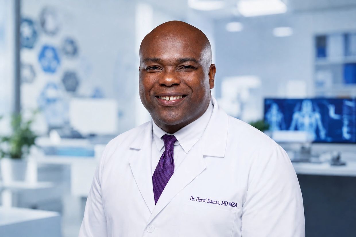 Smiling male doctor in white coat and purple tie in a modern medical office.