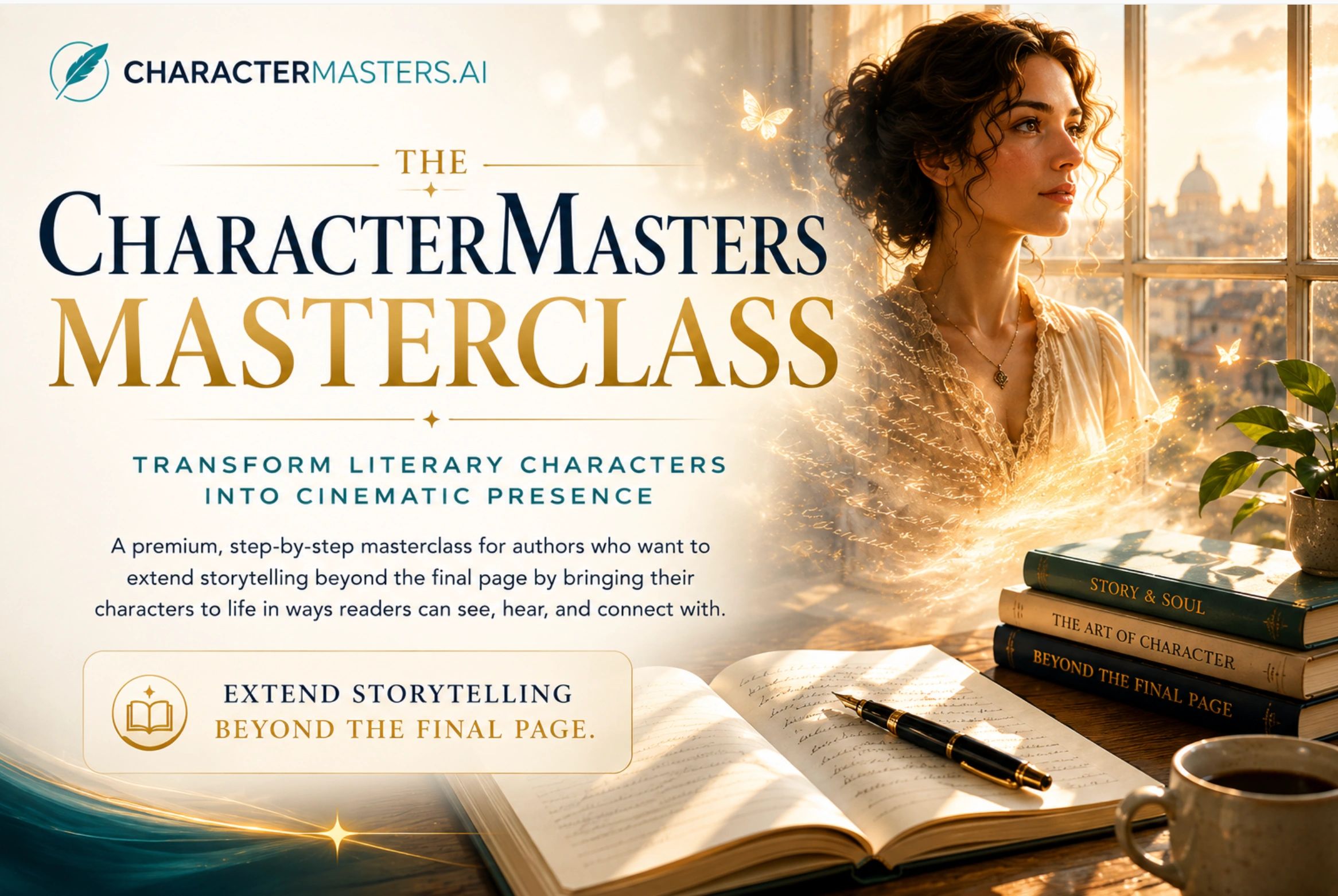 The CharacterMasters Masterclass offers a premium course for authors to enhance storytelling with cinematic character presence.
