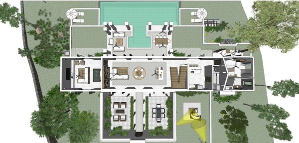 Top-down view of a modern house floor plan with pool and outdoor seating.