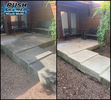 Before and after pressure washing of a concrete porch, showing a clean and brighter surface.