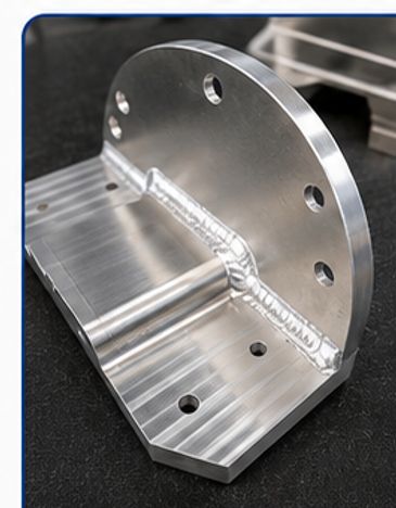 Close-up of a precision-machined metal bracket with welds.