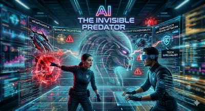 Two tech specialists combat an AI threat in a futuristic digital environment.