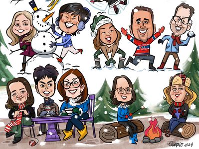 A cartoon image of 10 LTRT staff playing in a snowy scene.