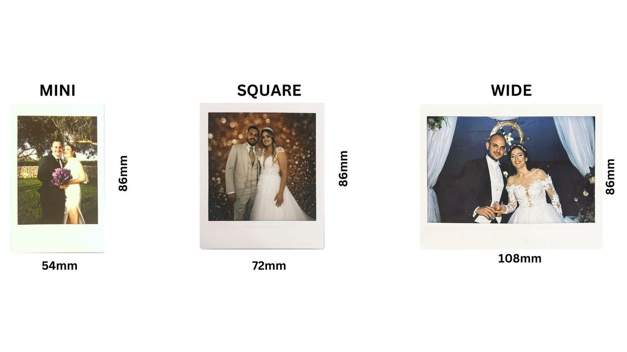 Different sizes of instax film for polaroid guestbook. Instax Mini, Instax Square and Instax Wide