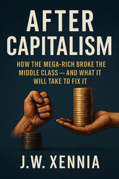 Book cover titled 'After Capitalism' by J.W. Xennia with imagery of stacked coins and fists.