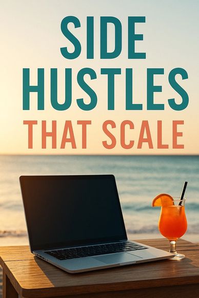 A laptop and cocktail by the beach with text about scalable side hustles.