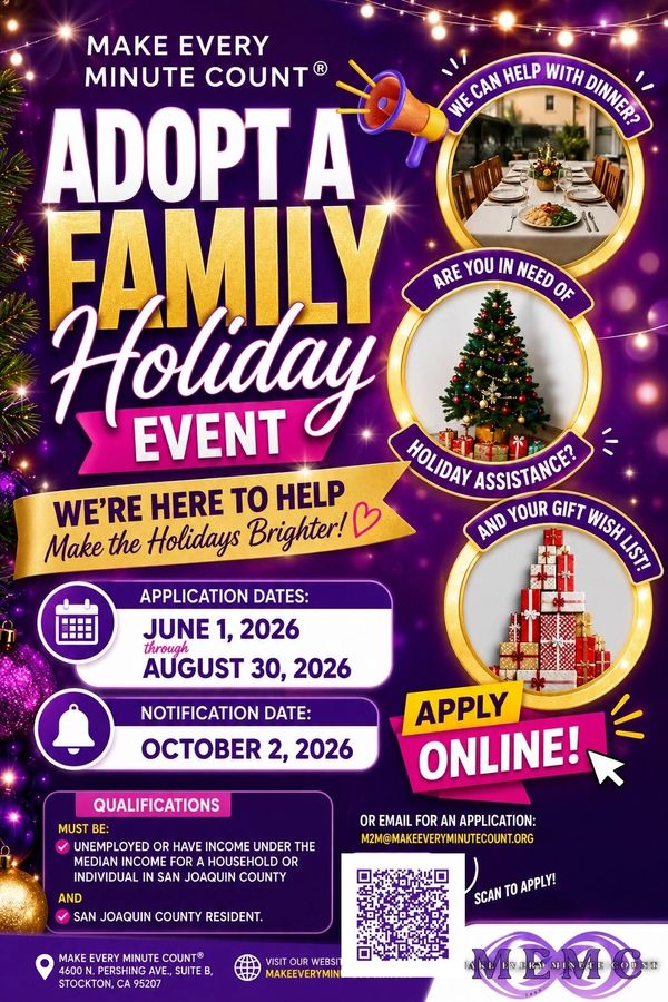 Adopt a Family Holiday Event offers holiday help with dinner, assistance, and gifts. Apply online by August 30, 2026.