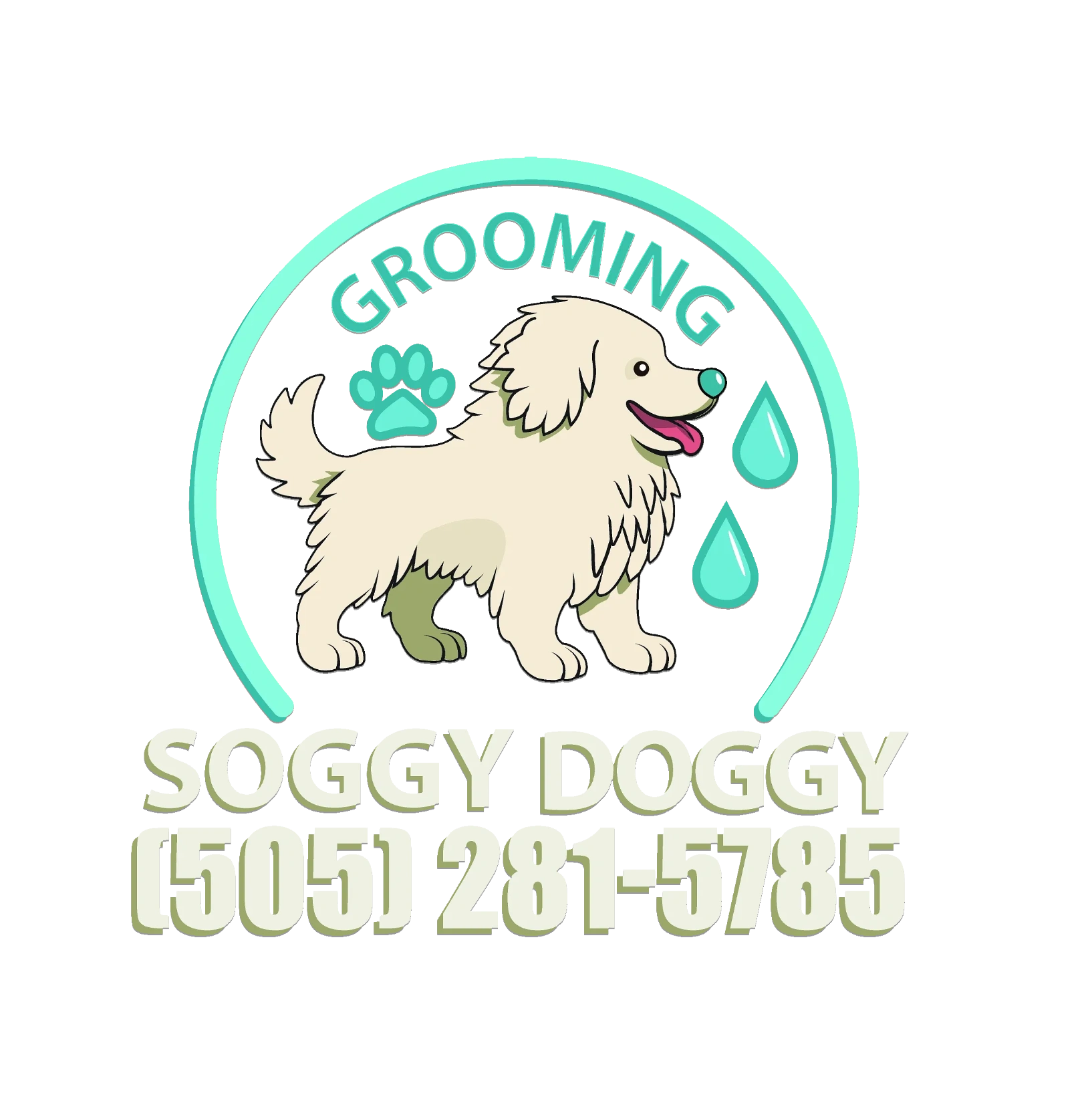 Cute logo for Soggy Doggy pet grooming with a fluffy dog and water drops.