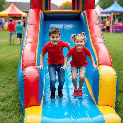 Two children in red shirts playing on an inflatable slide outdoors.