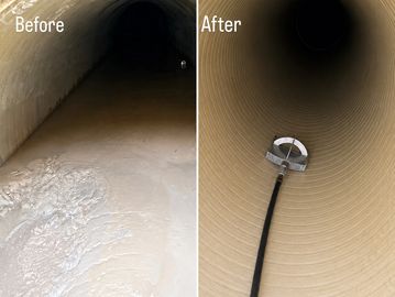 Before and after cleaning a pipe interior.