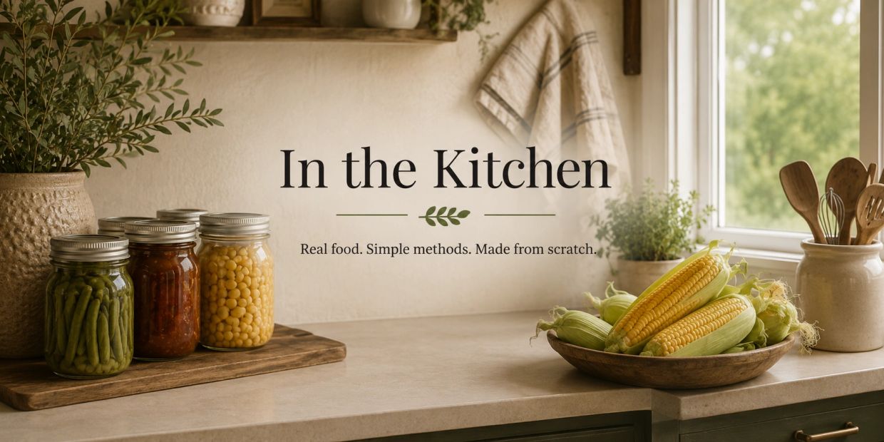 Rustic kitchen countertop with jars, corn, and wooden utensils.