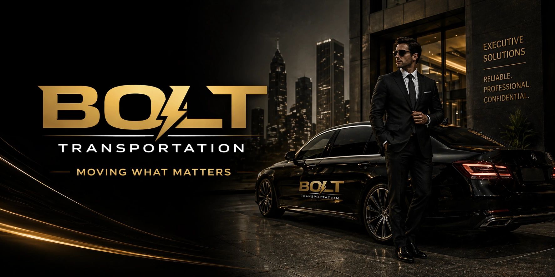 Elegant man in suit stands by luxury car with Bolt Transportation logo in city night setting.