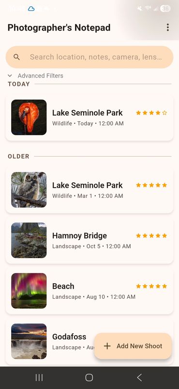 Main screen with list of shoots.