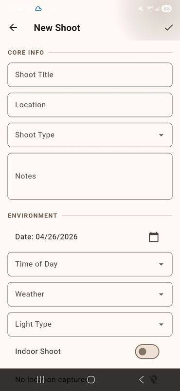 New Shoot screen to add a shoot.