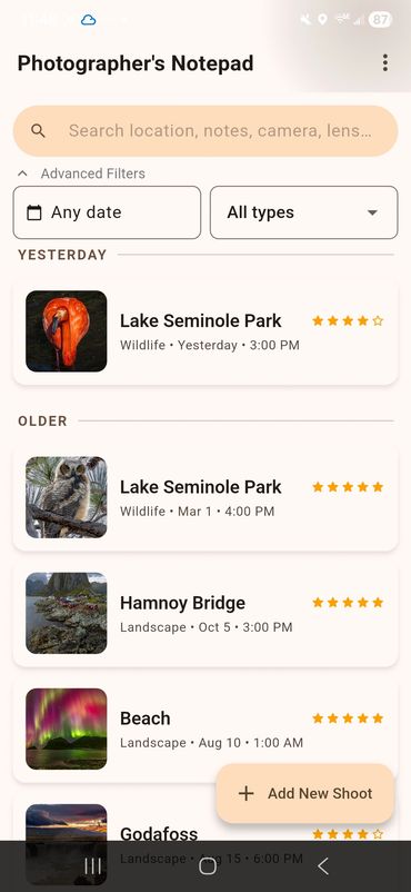 Main screen with Advance Filters pull down.