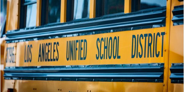Close-up of a Los Angeles Unified School District bus.