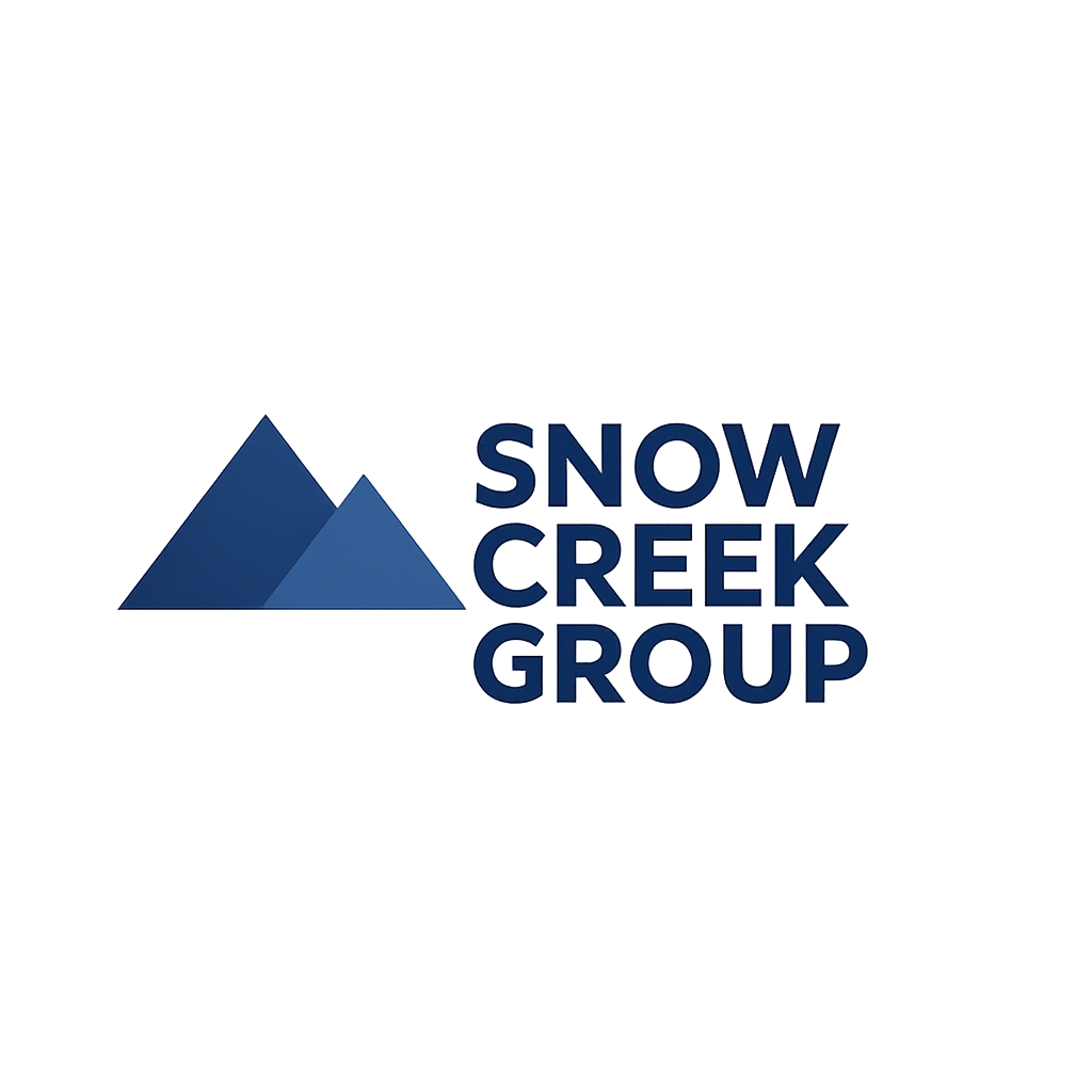 Logo of Snow Creek Group featuring two blue mountain shapes.