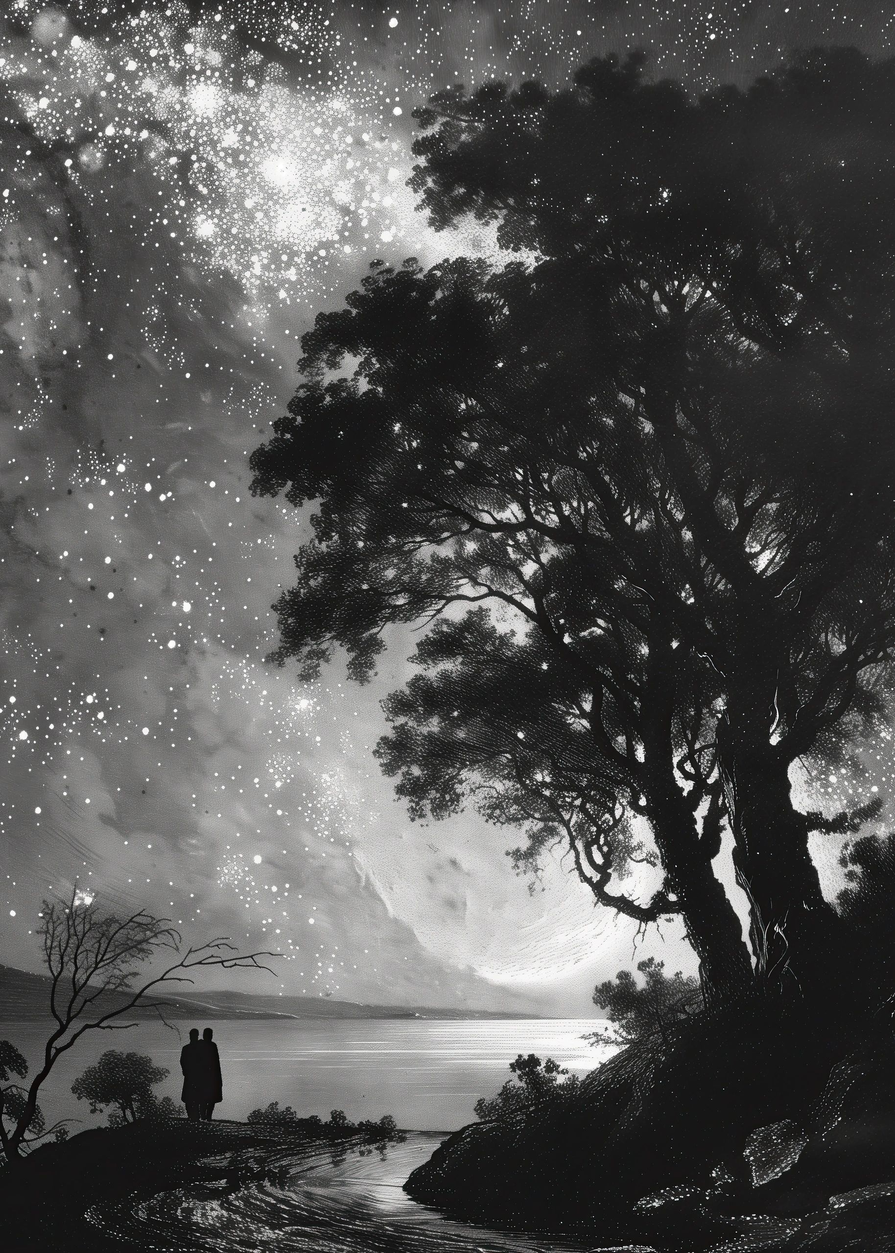 Silhouetted couple under starry sky by water.