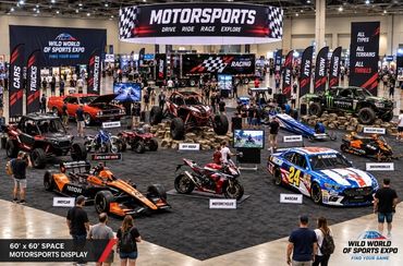 Concept rendering of a motorsports zone featuring race cars, motorcycles and off-road vehicles.