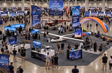 Concept rendering of an air sports zone featuring flight simulators, drones and aerial activities.