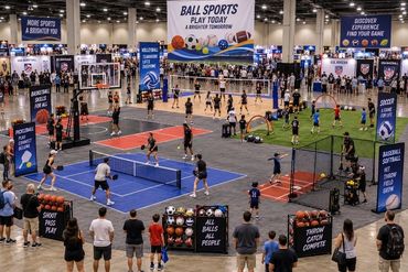Concept rendering of an interactive ball sports zone featuring basketball, volleyball, pickleball an