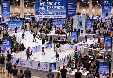 Concept rendering of a winter sports zone featuring hockey, skiing, curling and snow activities.