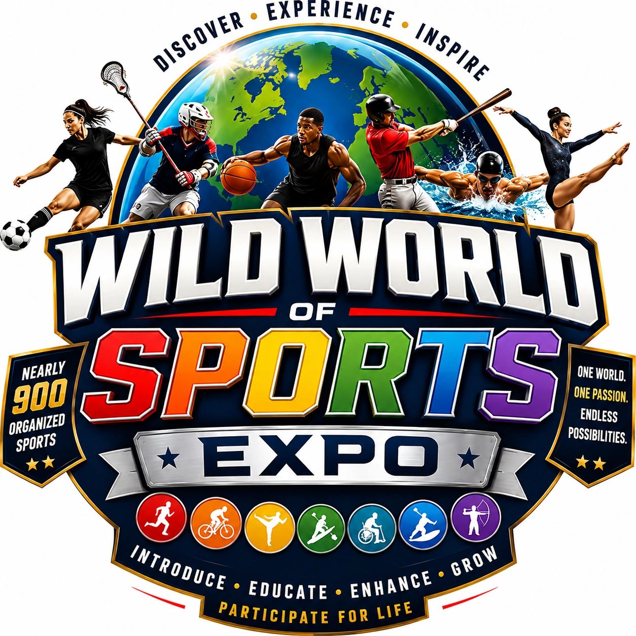 Wild World of Sports Expo logo with various athletes and sports icons.