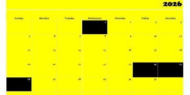 Partial 2026 calendar with blacked-out dates on a bright yellow background.