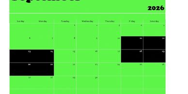September 2026 calendar with highlighted black dates.