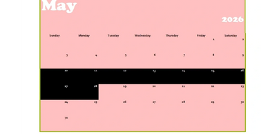 May 2026 calendar with pink and black design.
