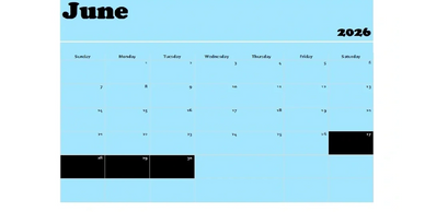A June 2026 calendar with some dates blacked out on a light blue background.
