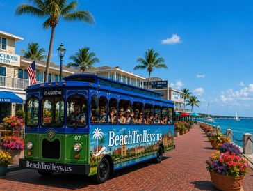 Colorful trolley bus driving along a sunny waterfront in St. Augustine.
