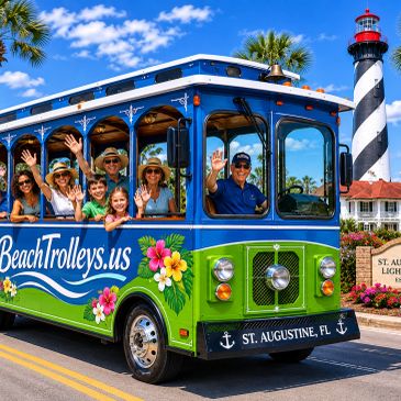 Colorful trolley with happy passengers in St. Augustine, FL.