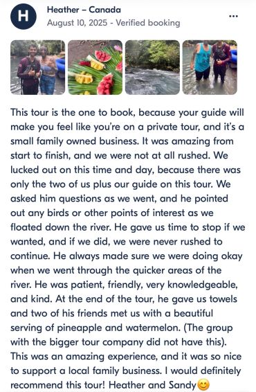 Positive review praising a private, family-run river tour with a knowledgeable guide and fresh fruit.