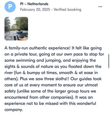 A private river tubing tour with nature, swimming, and sloth sightings.