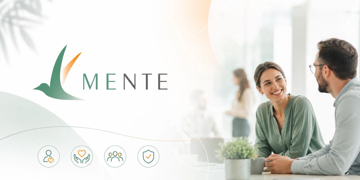 Two colleagues smiling and talking in a bright office with MENTE logo.