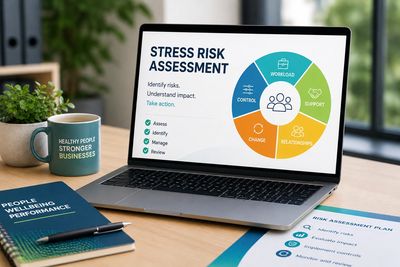 Laptop screen showing a stress risk assessment with related documents and a coffee mug nearby.