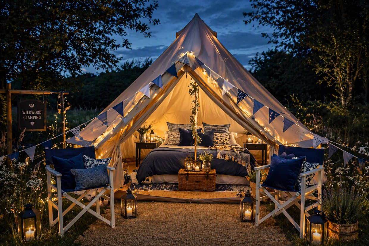 Cozy glamping tent with warm lights and comfortable seating.