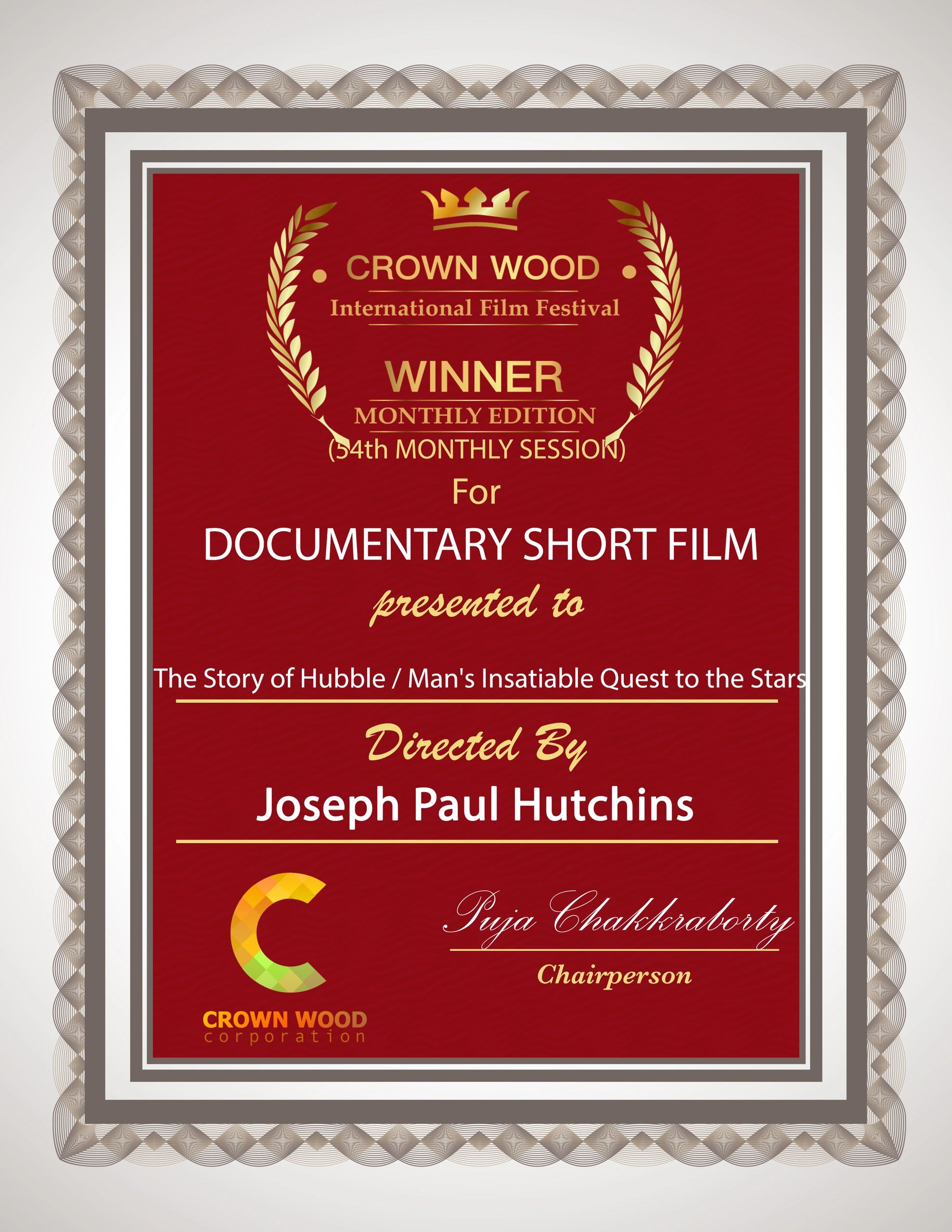 Crown Wood International Films festival Award for The Story of Hubble Movie