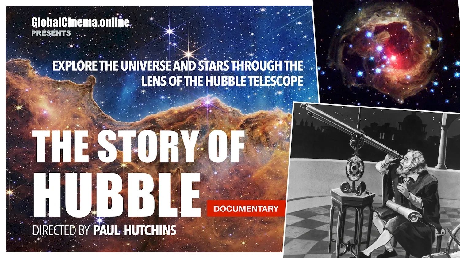 Documentary poster exploring the universe through the Hubble Telescope.