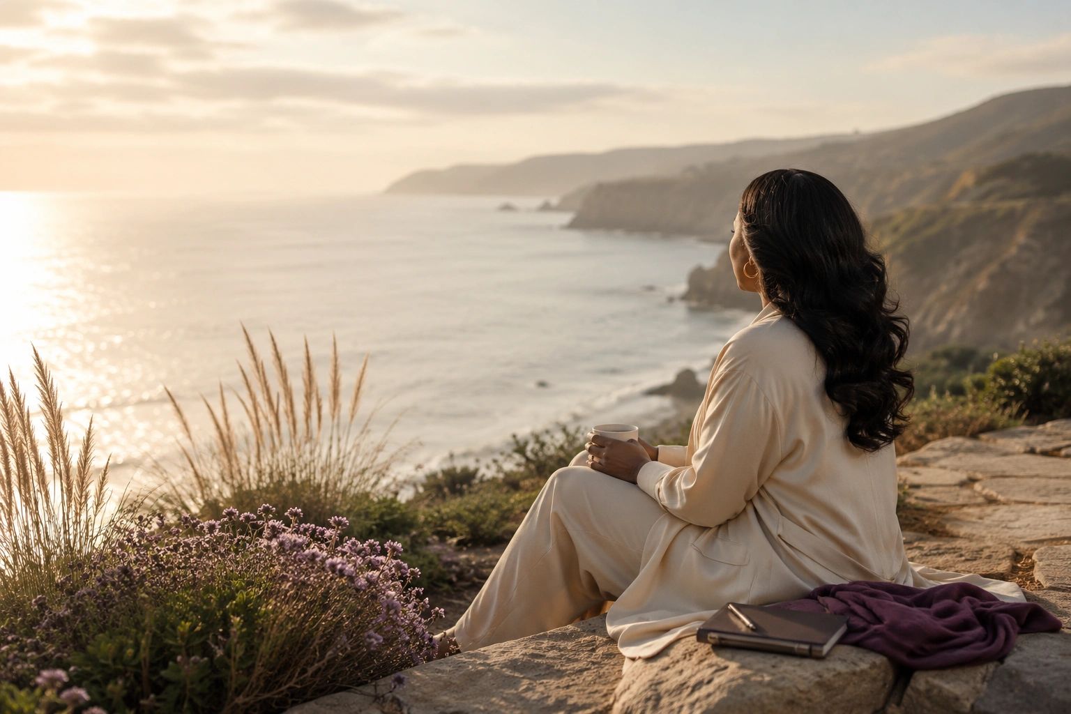 Woman overlooking the ocean at sunrise, reflecting on faith, restoration, and new beginnings.