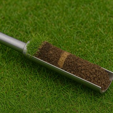 A soil core sample with grass and soil in a metal tube on grass.