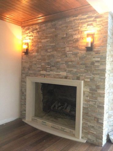 Stacked stone fireplace!