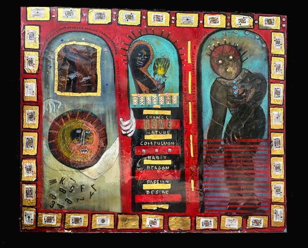 "ARISTOTLE" - Acrylic, oil stick, marker, glitter, gold leaf, resin, paper on canvas. 62" x 74"