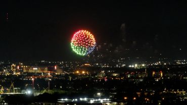 Colorful fireworks over city lights at night.