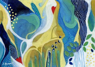 This beautiful abstract acrylic painting portrays soft flowing colors of blue, gold and green with p