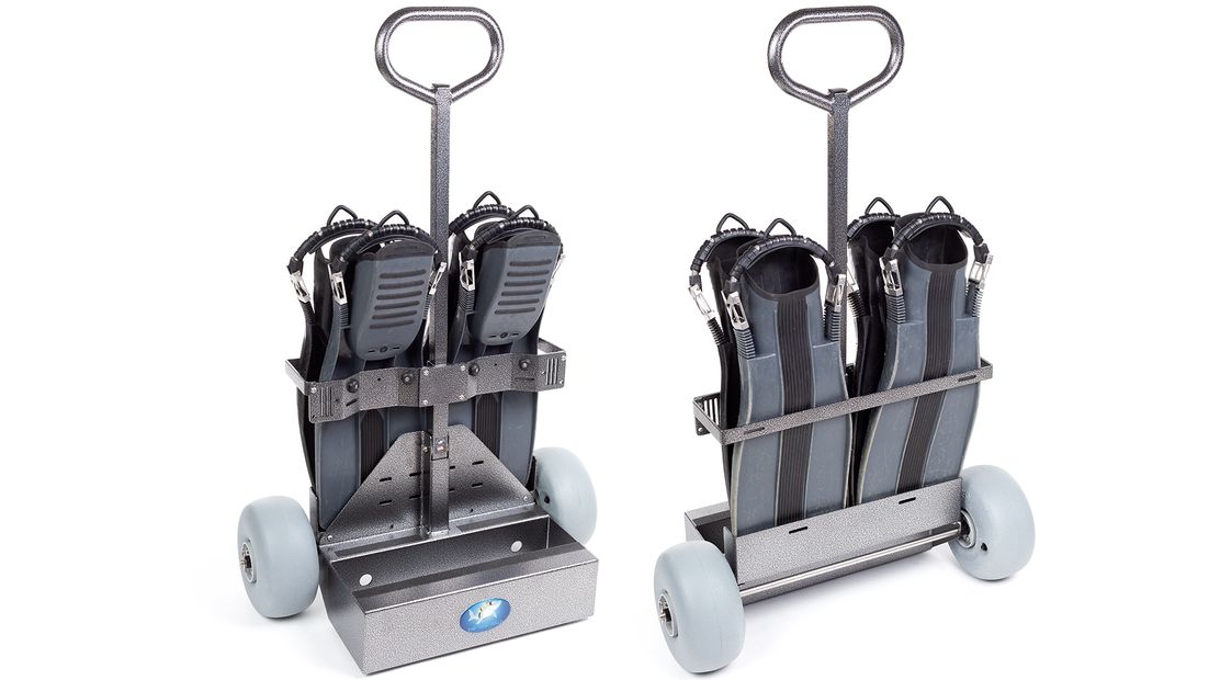 The Tank Dolly transports 2 scuba tanks, 4 fins, dive weight, and miscellaneous scuba diving gear