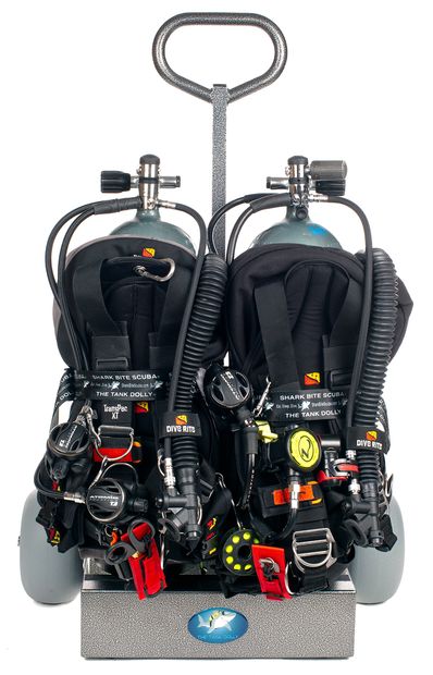 The Tank Dolly transports 2 scuba tanks, 4 fins, dive weight, and miscellaneous scuba diving gear