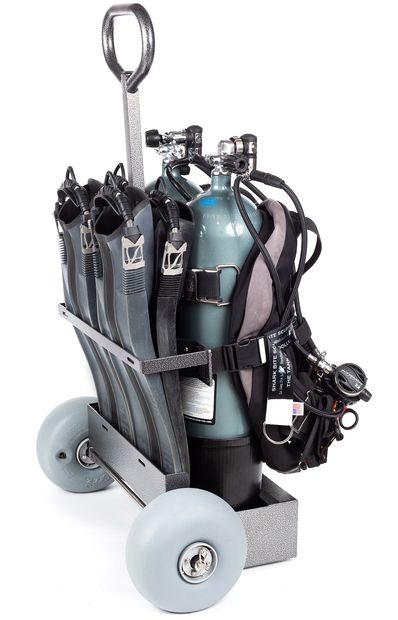 The Tank Dolly transports 2 scuba tanks, 4 fins, dive weight, and miscellaneous scuba diving gear