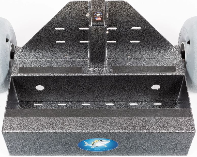 The Tank Dolly transports 2 scuba tanks, 4 fins, dive weight, and miscellaneous scuba diving gear